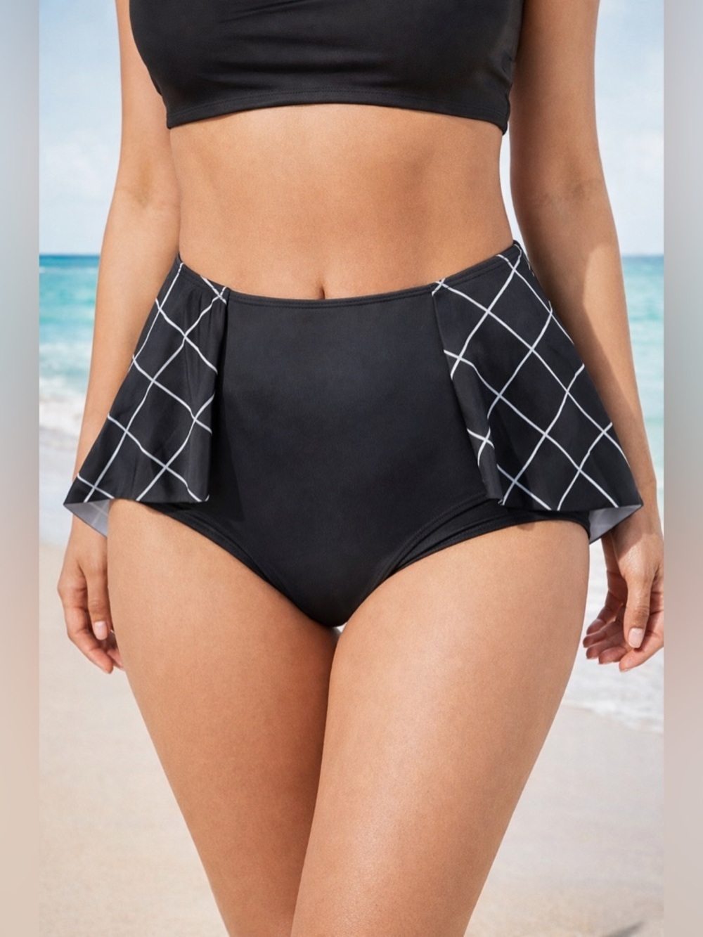 New SPANX Flirty Skirted Swim Shaping Bottom Black Geo Bikini Bottom Size 10